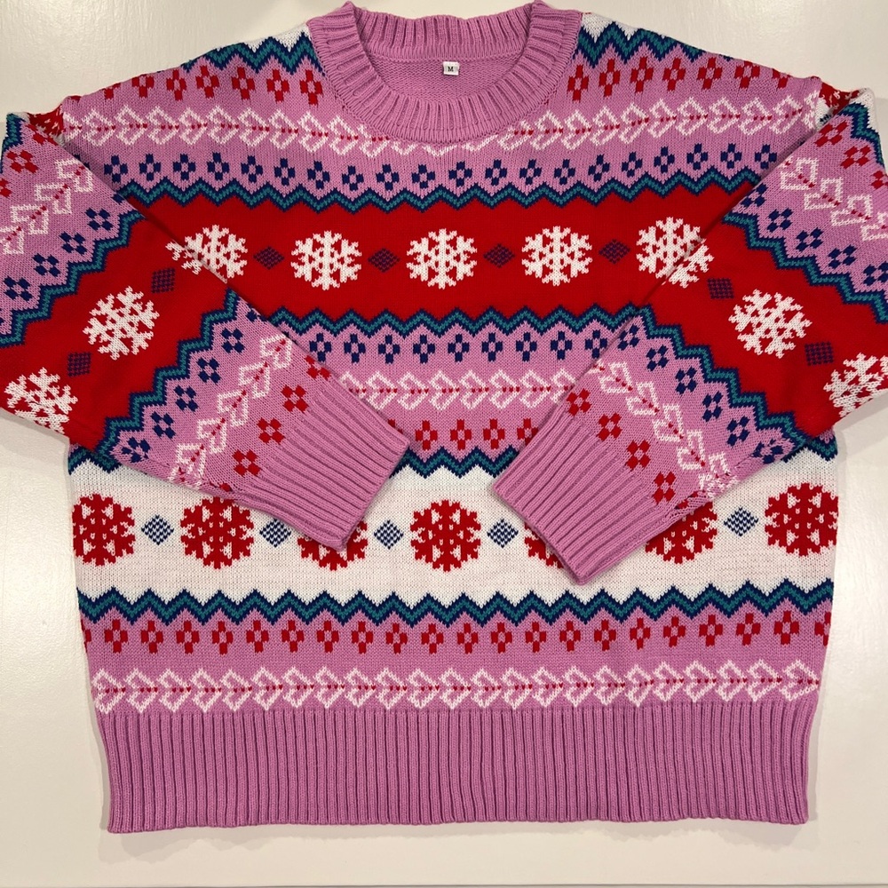 Festive Women’s Pink Multicolor Snowflake Sweater Size M NWOT‎